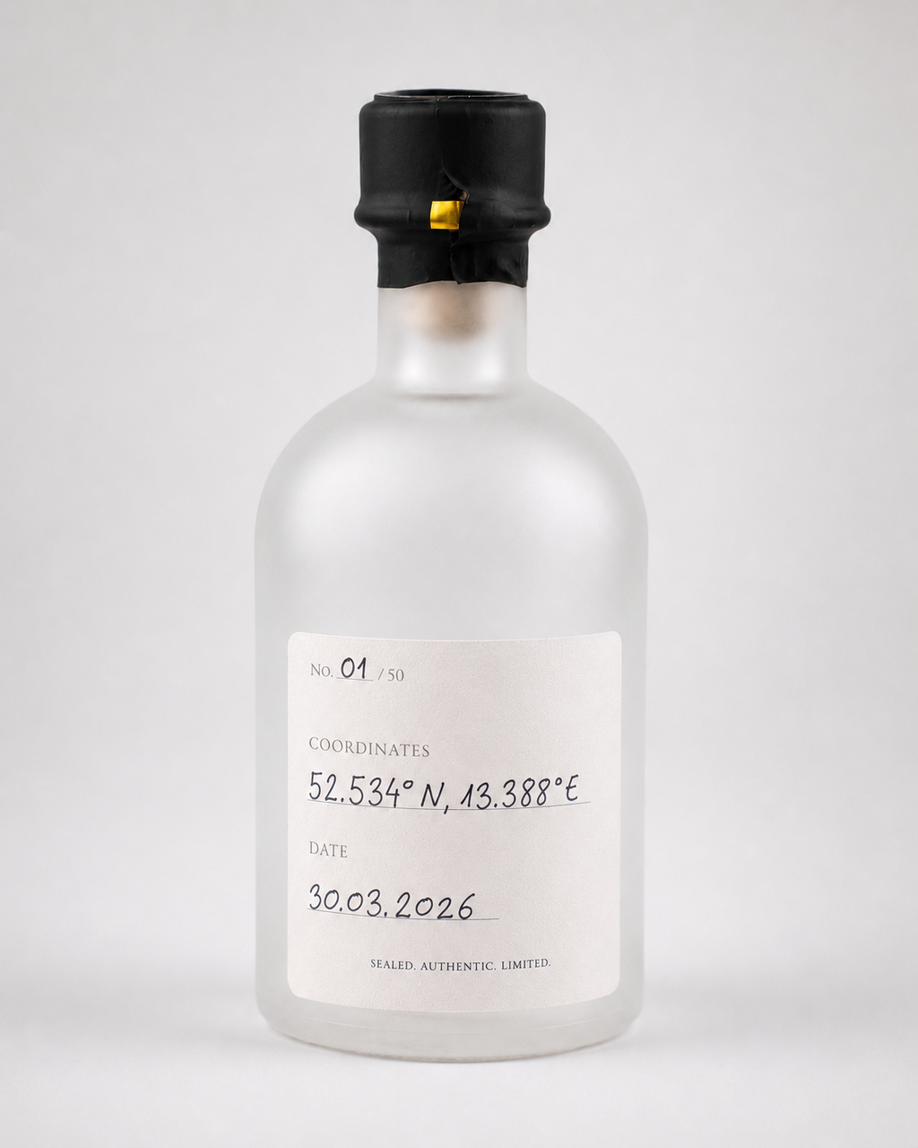 Example of the ELYZAIR back label with handwritten edition number, capture coordinates and date