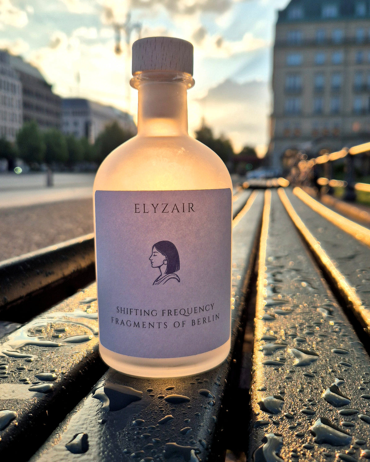 ELYZAIR Shifting Frequency, sealed glass edition of Berlin, on a rain-soaked wooden bench in golden morning light