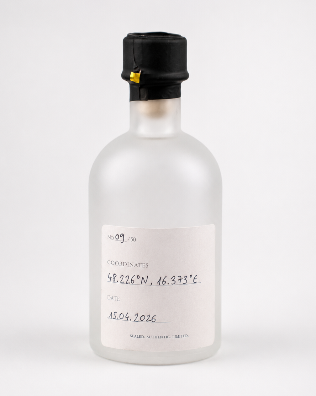 Example of the Elyzair back label with handwritten edition number, capture coordinates and date