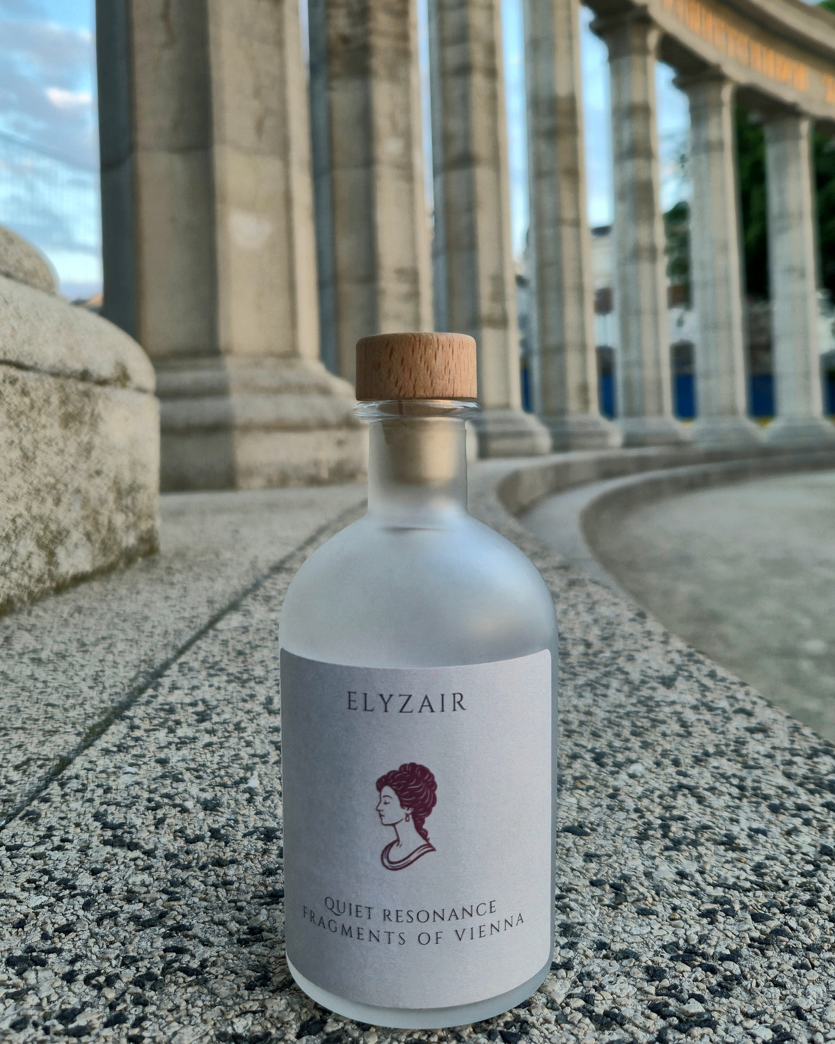 ELYZAIR Quiet Resonance, sealed glass edition of Vienna, on stone paving beneath a curved neoclassical colonnade