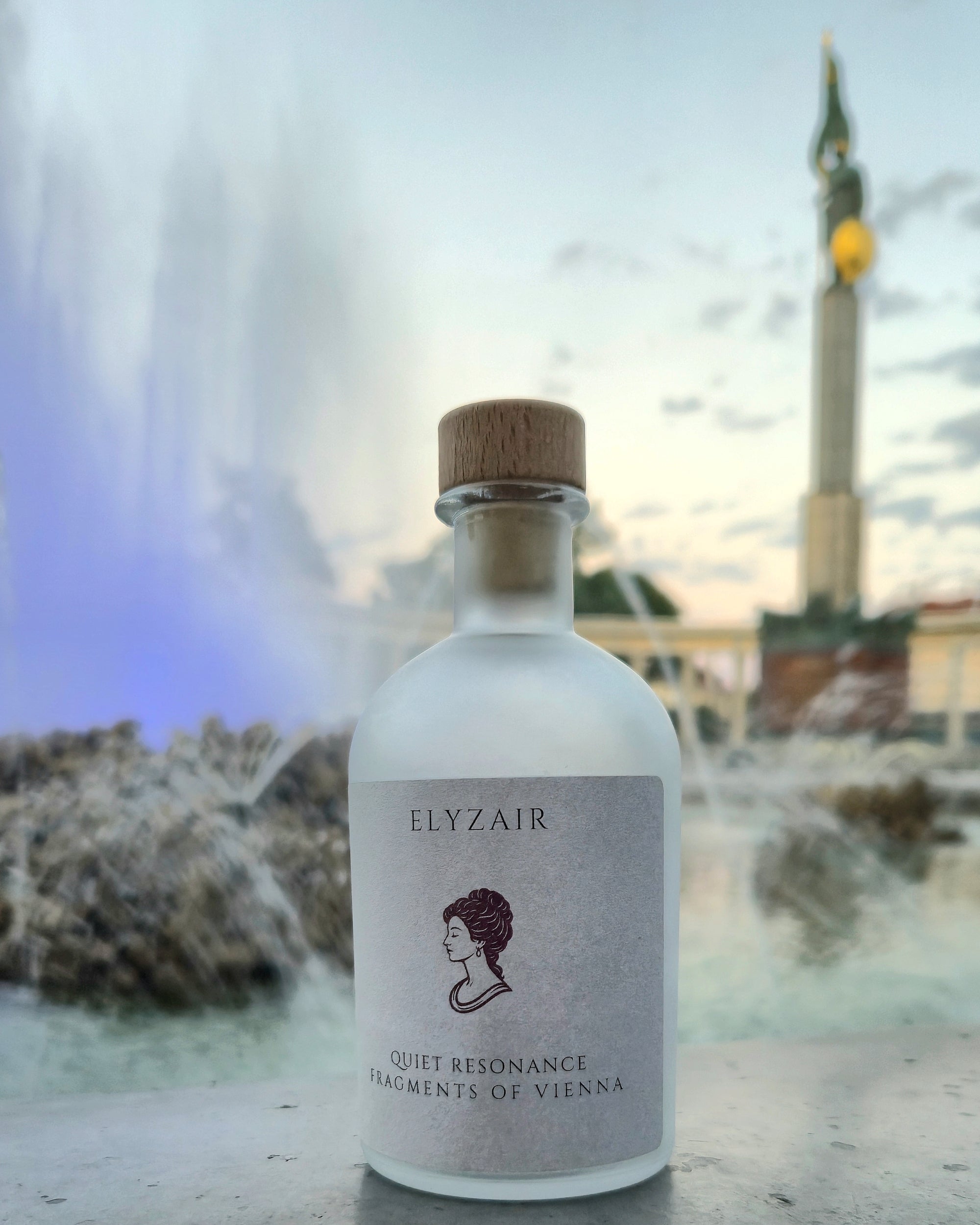 Elyzair Fragments of Vienna bottle at the Hochstrahlbrunnen on Schwarzenbergplatz, fountain spray behind